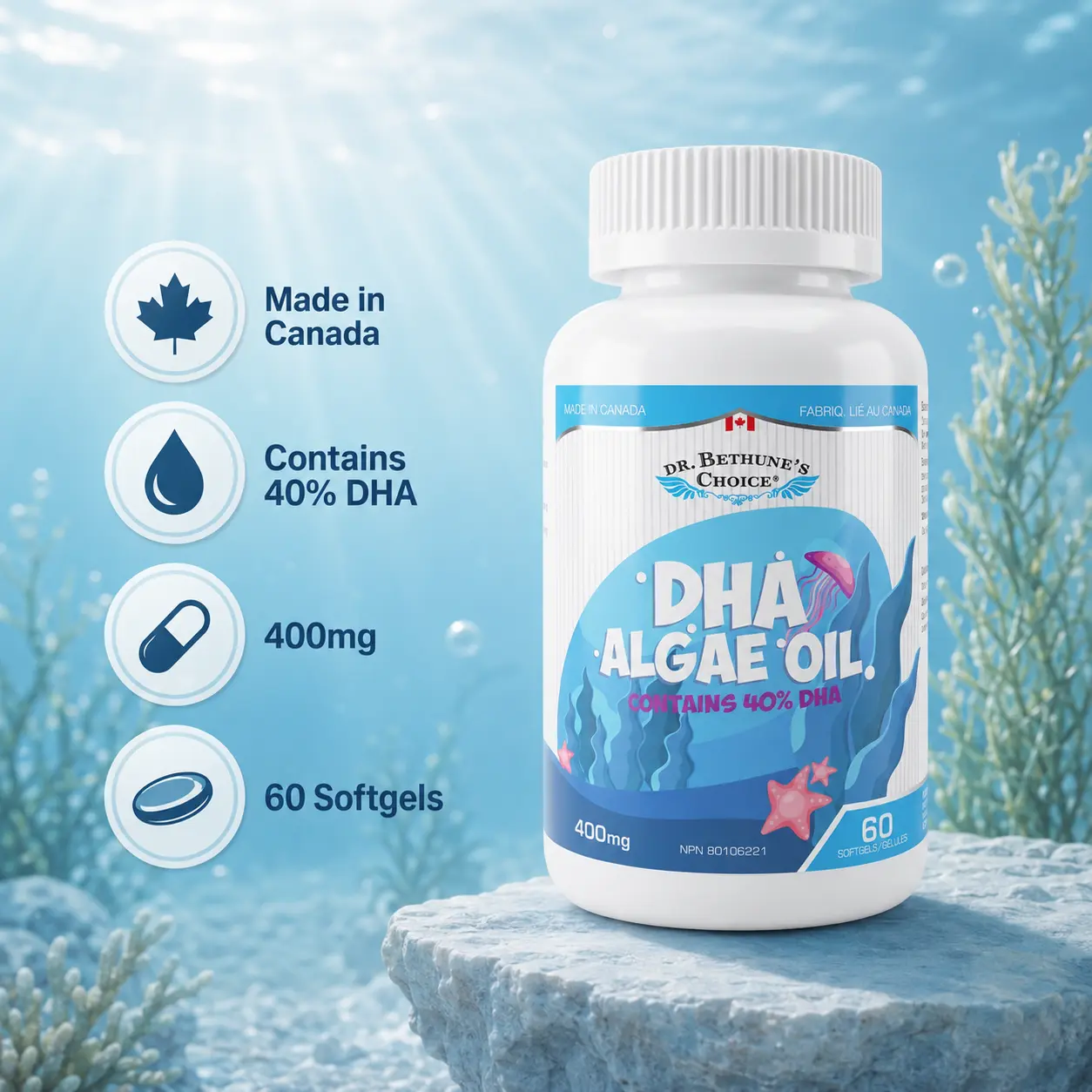 Dr. Bethune's Choice DHA Algae Oil Supplement with 40% DHA, Fish-Free Omega-3 for Brain, Eye & Daily Wellness Support, 400mg, 60 Softgels