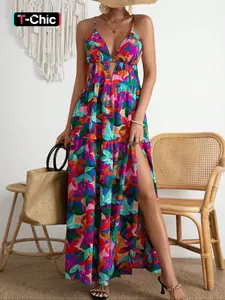 Women's  Leaf  Print Cami Dress, Boho Bohemian Style Sleeveless High Split Long Dress for Beach Holiday Vacation, Ladies Clothes for Summer