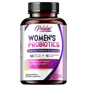 Pslalae 120 capsule dietary supplement, rich in a probiotic blend, a prebiotic fiber blend, and added cranberry extract to support the immune and digestive systems, suitable for both men and women.