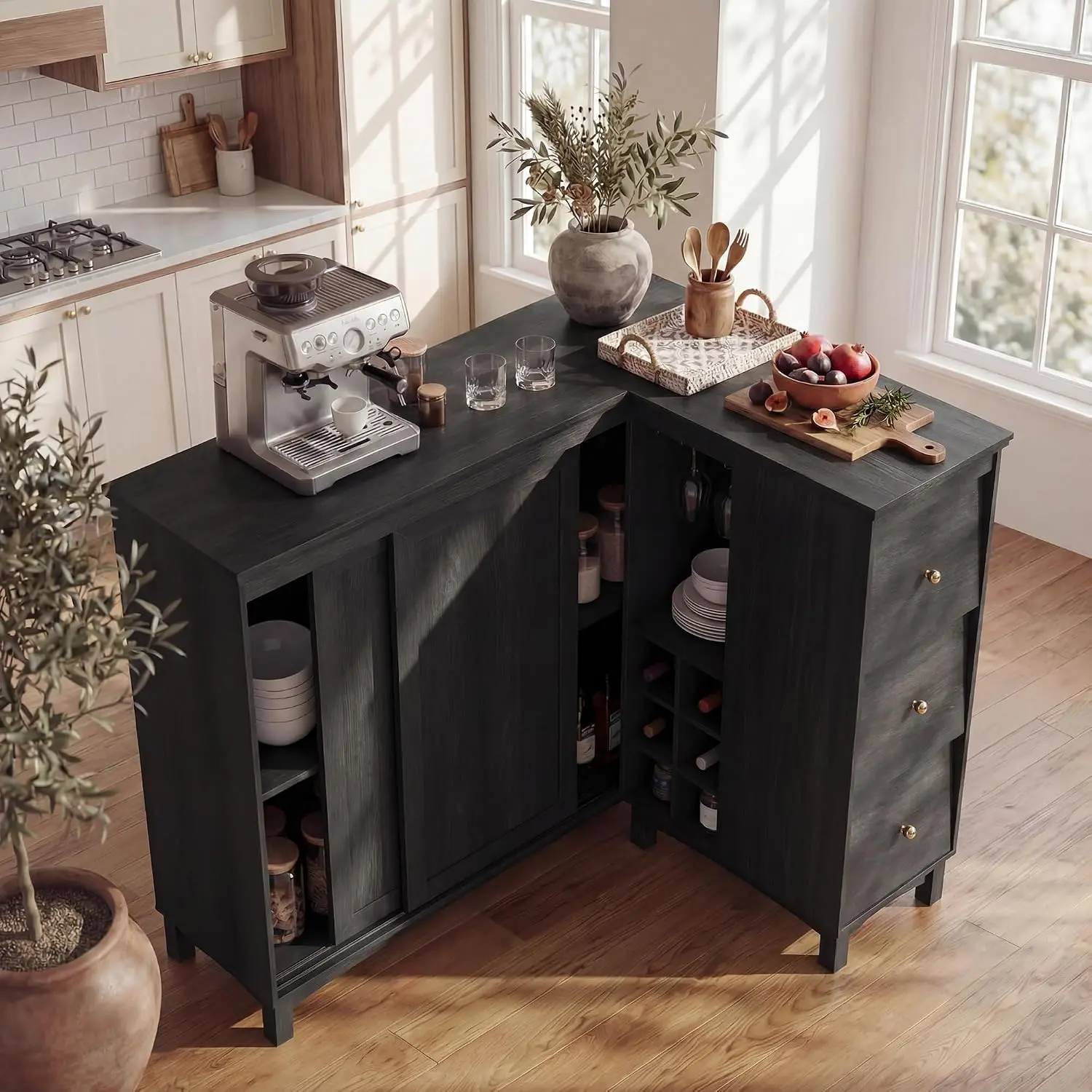 L-Shaped Corner Home Bar Cabinet - Charging Station, Storage Drawers, Wine Rack, Glass Rack, Sliding Door