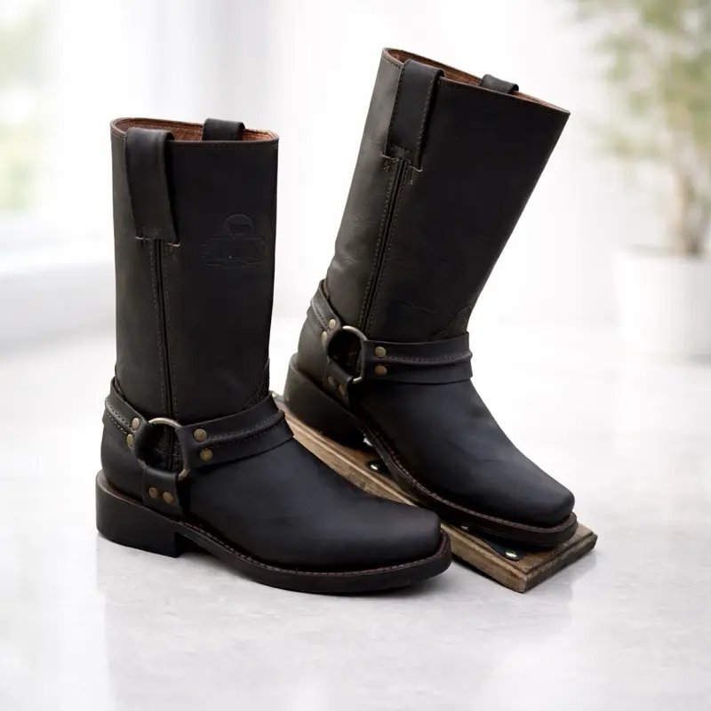 TROMPA CAFE Classic Brown Leather Motorcycle Boots with Buckle Strap and Comfortable Sole