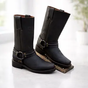 TROMPA CAFE Classic Brown Leather Motorcycle Boots with Buckle Strap and Comfortable Sole