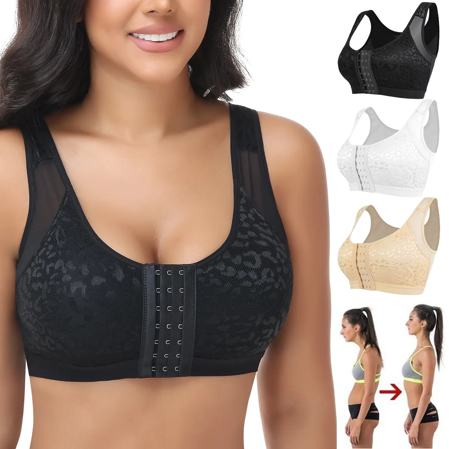 Women's Front Closure Posture Bra - Full Coverage, Back Support, Wireless, Comfy, Unpadded Cup, Fits Most Sizes, Adjustable Strap, Supportive Wings, Elastic Band, Breathable Mesh Fabric