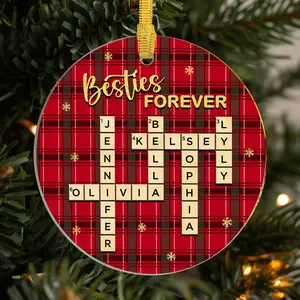 Best Friends Forever Personalized Christmas Ornament, Custom Plaid Crossword, Friendship Keepsake Gift For 2024, Besties Plaid Holiday Decor