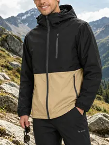 Men's All-Season Functional Jacket, Long Sleeve, Windproof Breathable Fabric, Adjustable Hooded Design, Comfortable Fit, Trendy Color Block Style