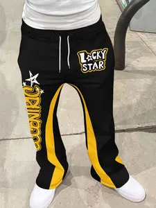 Men's Colorblock Drawstring Waist Flare Pants, Casual Comfortable Pocket Long Pants, Gold Lucky Star Print, Spring Fall Streetwear