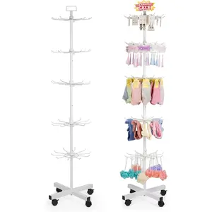 5-Tier Metal Spinning Display Stand Rack with Wheels,   Stocking Hat Display Stand, White