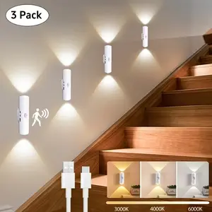3PACK LED Motion Sensor Step Light 3-Color Adjustable - Dual Head Magnetic Night Light | USB Rechargeable, Auto On/Off, Dimmable | LED Sensor Light for Entrance, Bedside, Desk, Closet, Stairs, Hallway | Energy Saving, Easy Installation, Indoor Use