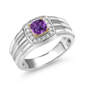 Gem Stone King Men's 5MM Cushion Gemstone Birthstone and Lab Grown Diamond Ring For Men Set In 925 Silver and 10K Yellow Gold | Available In Size 7, 8, 9, 10, 11, 12, 13