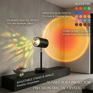 Dual-head RGB Sunset Wave Projection Table Lamp, 360° rotation, 3D ripple effect, dimmable ambient light, suitable for bedroom, living room, and parties. Black-White.