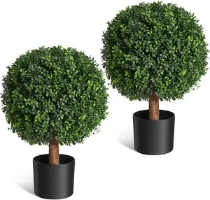 24 Inch Artificial Topiary Boxwood Ball Trees, Set of 2 UV Resistant Plants,Faux Boxwood with 6"x5" Pots for Front Porch, Indoor Walkway, Entryway Decorating