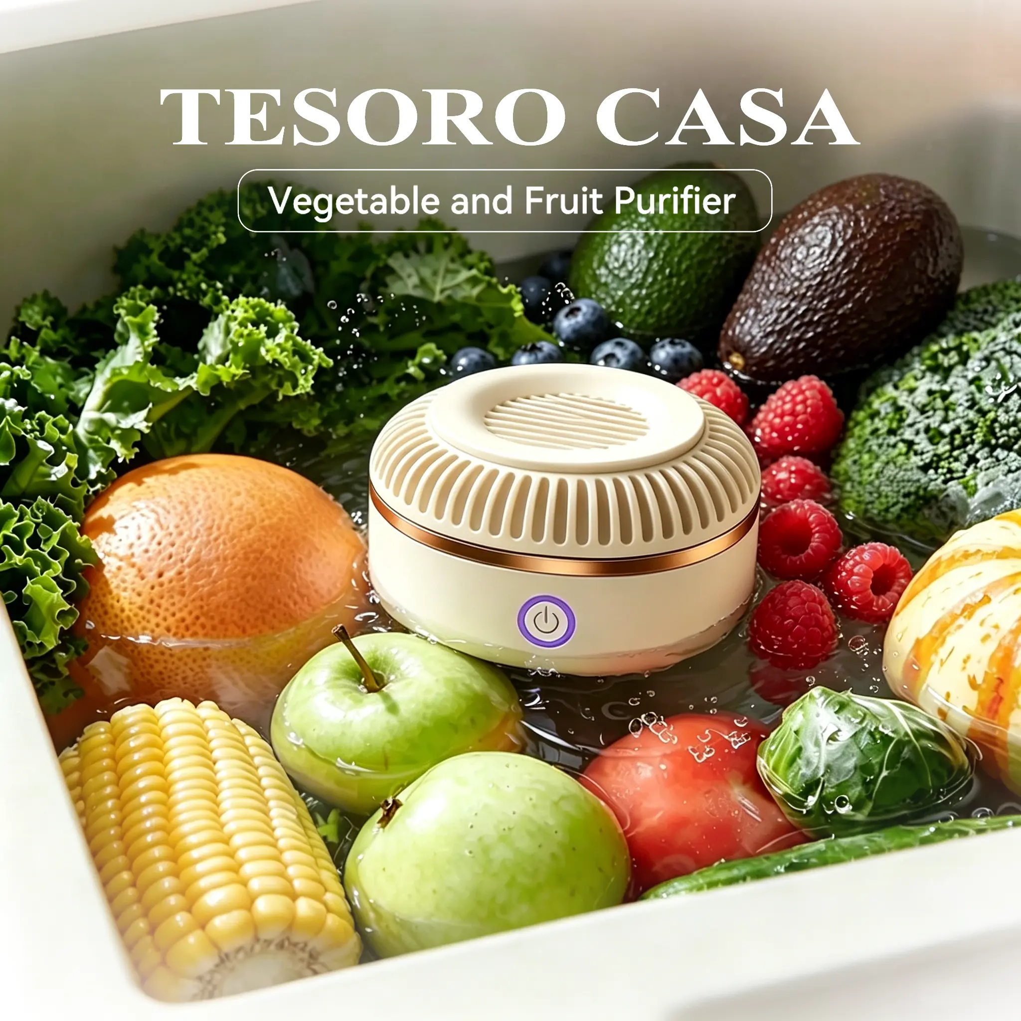 TESORO CASA Titanium Electrolysis Vegetable Cleaner, Cordless Fruit Washing Machine with Intermittent Vortex Tech, IPX7 Waterproof Food Purifier for Deep Cleaning