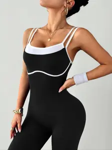 Women's Colorblock Two-Piece Adjustable Shoulder Straps Sports Jumpsuit, Sporty Jumpsuit, High Stretch Knit Waist Yoga Pants, Casual Fashion Home Commute Wear, Workout Jumpsuit, Sleeveless Yoga Jumpsuits