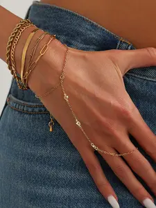 2026 Trending Gold Hand Chain Bracelet Minimalist Slave Bracelet with Ring Combo Delicate Chain Link Jewelry for Women Stackable Style for Festival, Casual & Everyday Looks Adjustable Bracelets Elegant Minimalist Bangle