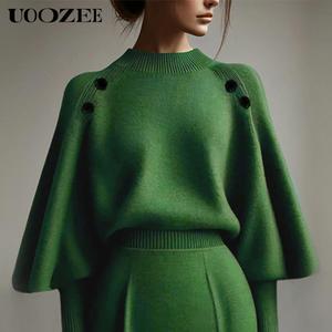 UOOZEE Women's 2025 Autumn Nylon Mock Neck Puff Longsleeves Buttoned Solid Fitted Pullover Top - Green, Comfortable Elegant Minimalist Basic Outfit, Casual Women's Knitwear, Full-Length Fitted Longsleeves Pullovers