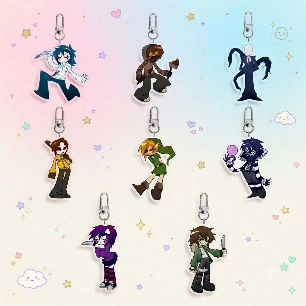 Creepypasta Acrylic Keychain, Jeff the Killer, Ticci Toby, Slender Man, Masky, Ben Drowned, Laughing Jack, Nina the Killer, Clockwork