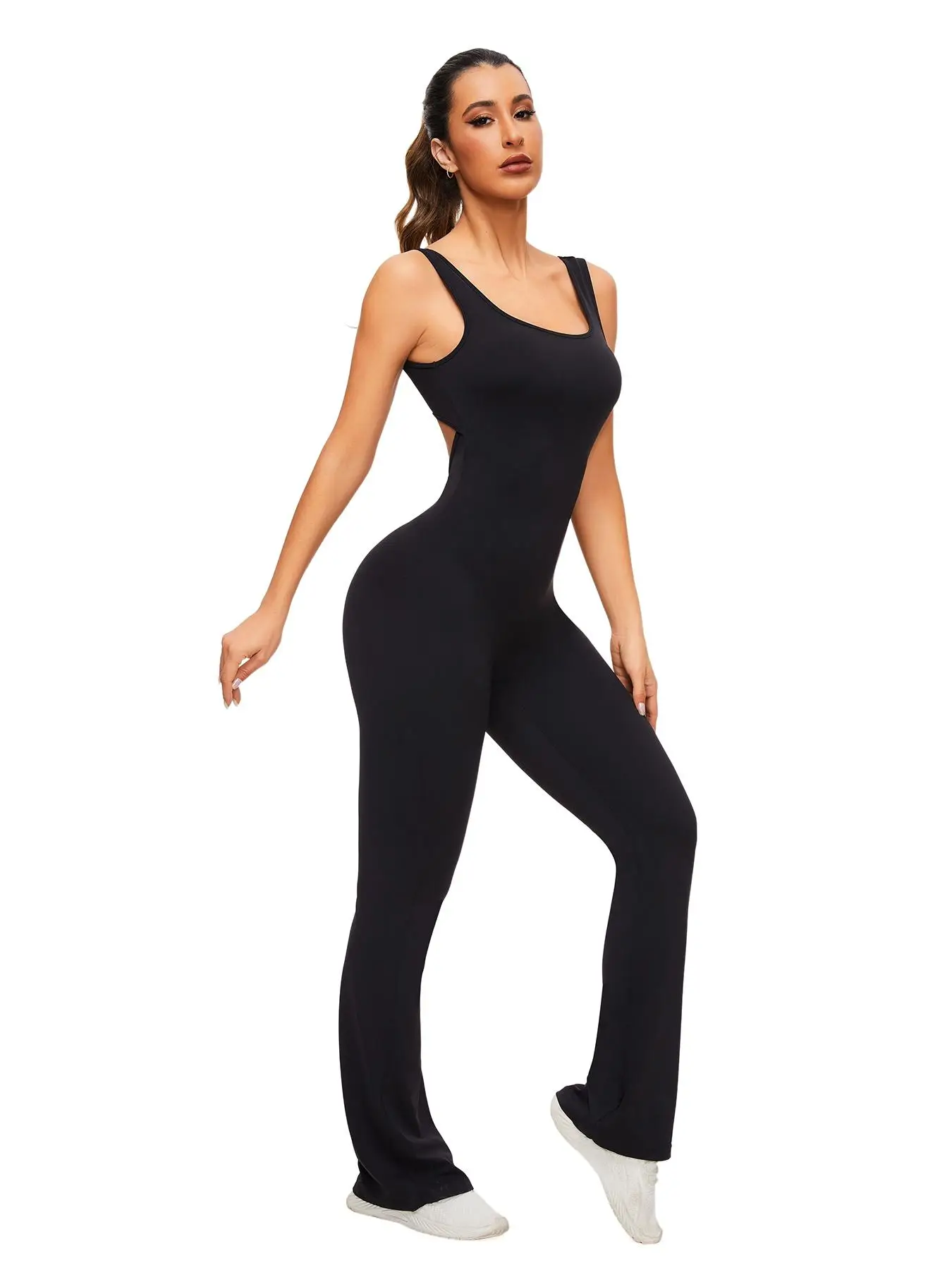 Women's Cut Out Flared Sports Jumpsuit, Sport Scoop Neck Backless Tank Jumpsuit, Ladies Sportswear Clothing, Tummy Control