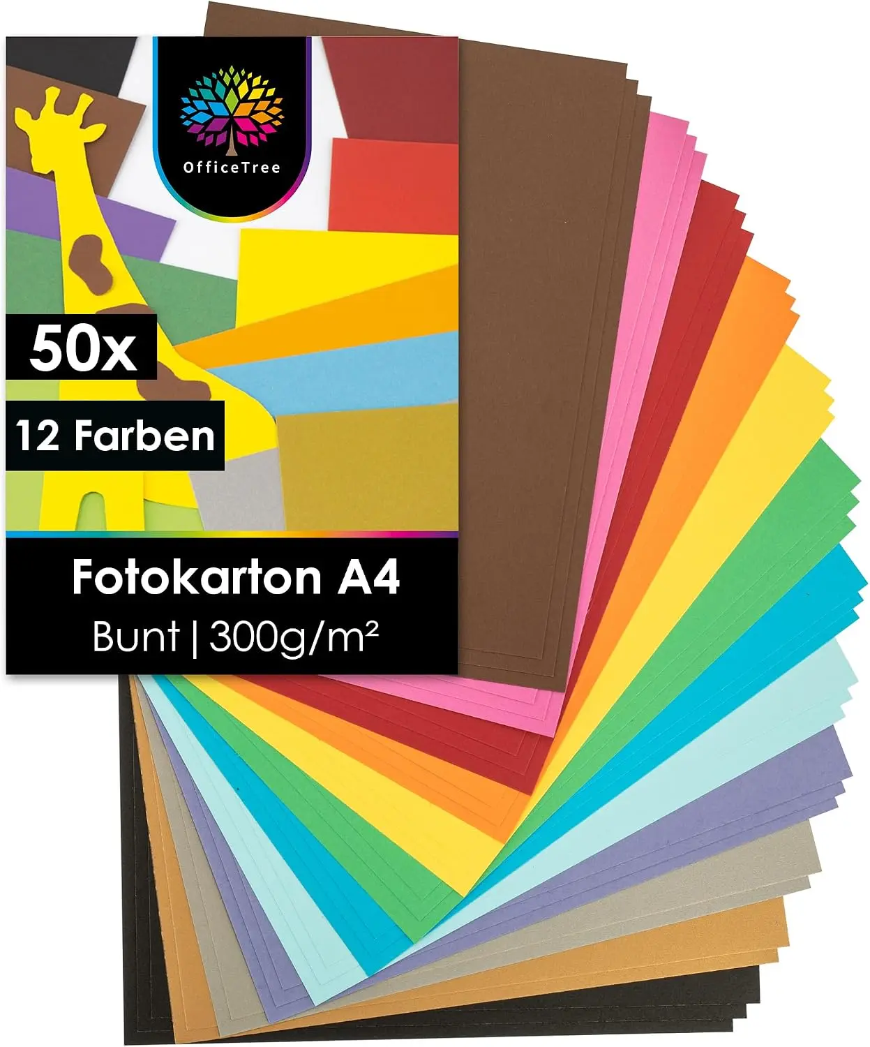 50x Bastelkarton A4 300g - 12 Farben - Tonkarton A4 Bunt - Pappkarton - Pappe zum Basteln - Fotokarton 300g