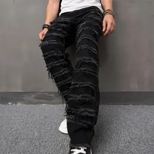 Men's High Street Hip Hop Biker Jeans - Distressed Stacked & Spliced Design, Loose Straight Leg Denim Pants for Streetwear & Motorcycle Riding Elastic Menswear