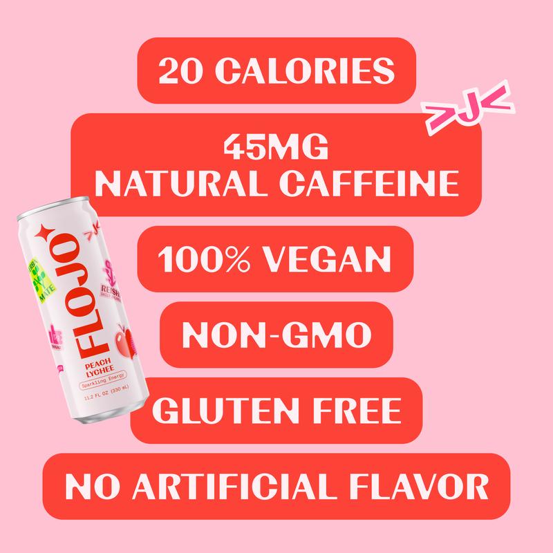 FLOJO Peach Lychee Sparkling Energy Drink - 8 Cans + Bonus 4 Cans (12 Total) - Smooth Clear Everyday Energy with Natural Yerba Mate & Functional Mushrooms