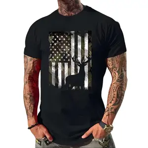 American Flag Camo Deer Hunting Men's Patriotic T-Shirt | Vintage USA Flag Deer Hunter Outdoor Hunting Season Patriotic Gift Tee
