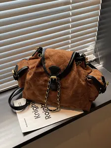 Women's Colorblock Suede Backpack, Vintage Plaid Design, Multiple Pockets, Chain Strap, Magnetic Closure, Perfect for Office & Travel, Casual Backpack