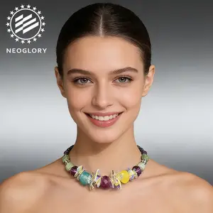 [NEOGLORY] Women's fashion crystal beaded necklace, exquisite luxury crystal chalcedony short necklace, casual versatile, business banquet, party wedding wear NEOGLORY necklace
