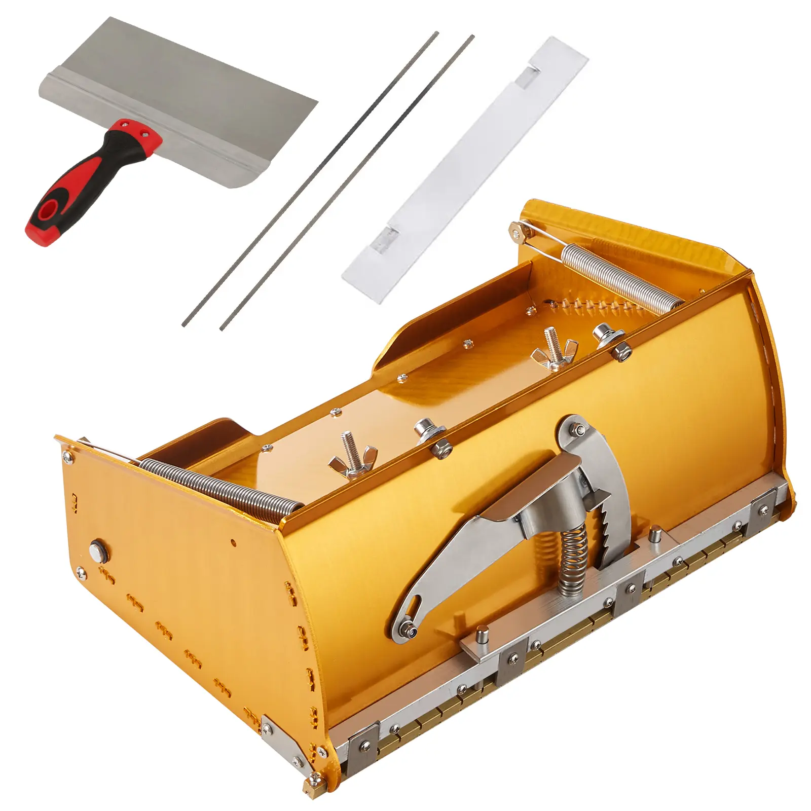 VEVOR 10-Inch Drywall Flat Box Tool Organizer, Quick-Clean Aluminum Mud Box with 80° Opening, Flexible Brass Blade, Bonus Mudguard, 2 Bonus Blades, Universal Fit for Major Construction Brands, Father's Day Gift - Mudguard Keeps Floors Cleaner, Faster, Qui
