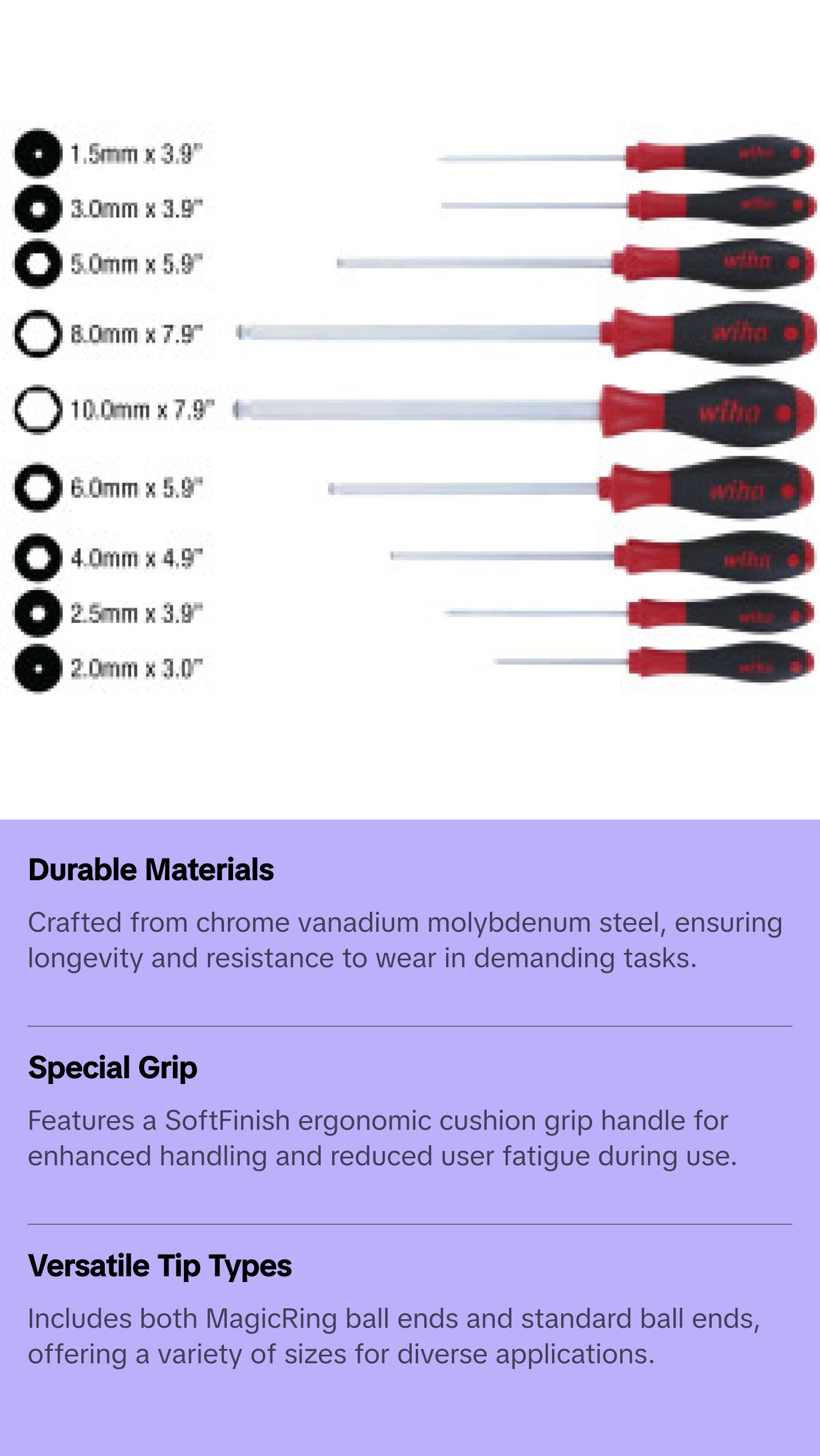 Wiha Tools 36790 MagicRing Ball End Screw Holding Hex Metric Screwdriver Set, 9 Pc.