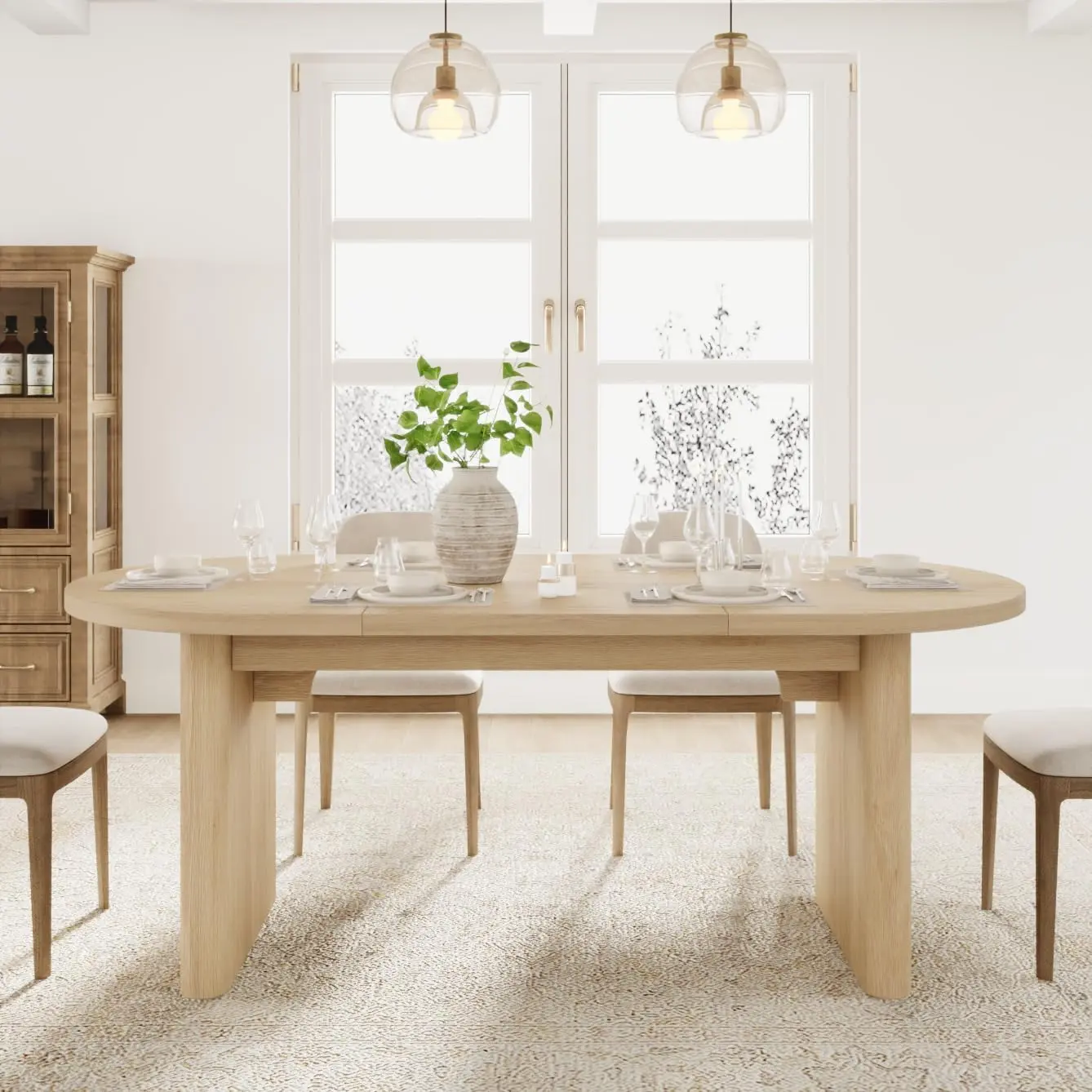 Oval Dining Table, Long Large Kitchen Table, Farmhouse Dining Room Table, Thick Sturdy Wooden Base for 6‑8 People for Kitchen, Living Room, Office