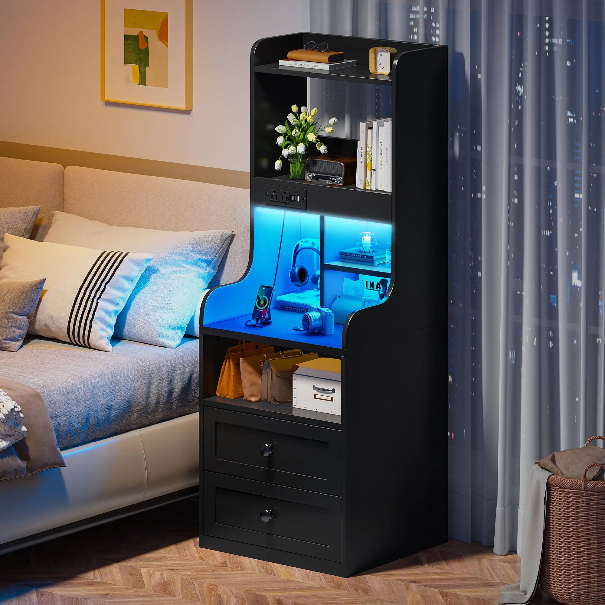 RaybeeFurniture Wood Tall Nightstand with LED & Charging Station, Bookshelf with 2 Wood Drawers & Open Shelves, Bedside Table with Power Outlets & Por