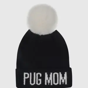 PUG MOM BLACK & WHITE BEANIE WITH POM POM!