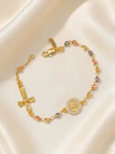 18k Gold Plated Beaded Bracelet With Cross Charm, Exquisite Religious Jewelry Gift For Birthday