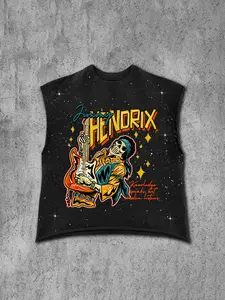 Men's Vintage Rock Vest, Colorful Skull Guitar Print, Loose Short Fit, Casual Streetwear for Livehouse and Daily Wear