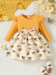 Baby girl autumn dress with bee pattern long sleeves with ruffled edges waist bow decoration daily birthday parties etc