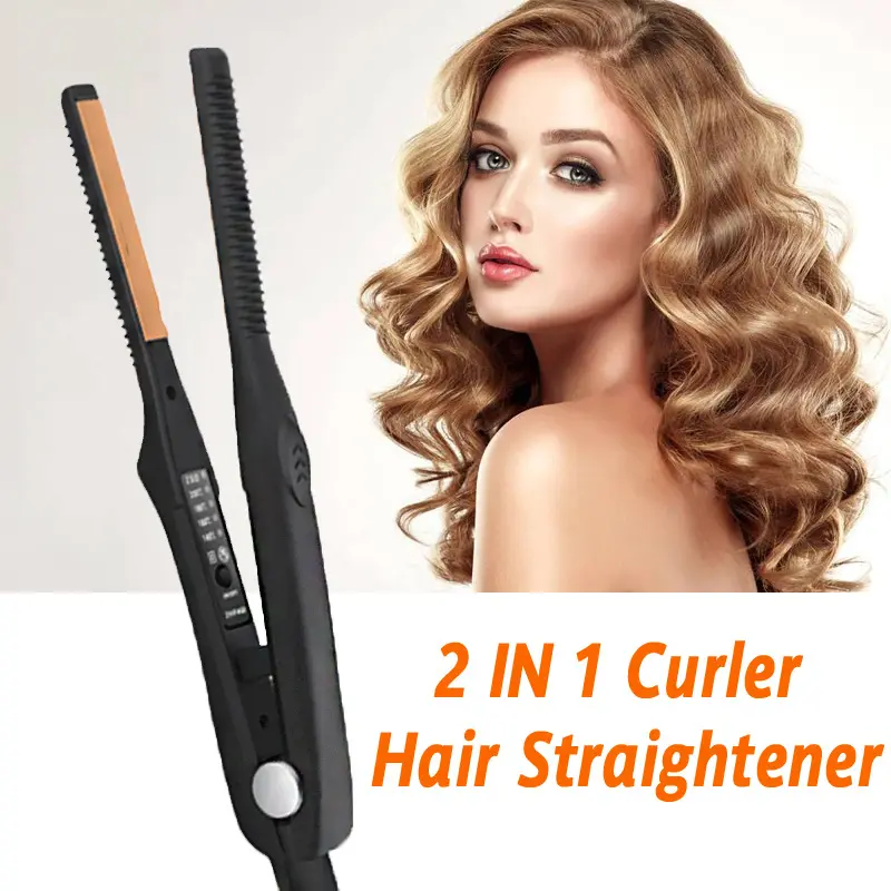 Ultra-thin 2-in-1 hair curler/straightener, mini dual-use straight wand — portable for short hair and beard, wet & dry use