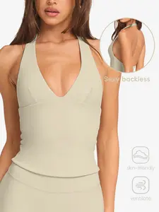 Women's Summer Solid Color Halter Deep V Neck Slim Fit Waist Cinch Vest, Detachable Padded Yoga Top, Sleeveless Quick-Dry Sports Outerwear