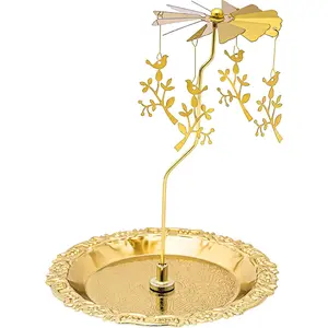 Spinning Candle Holder with Tray,  Candle Carousel, Heat- Metal Candlestick Holders for Table Centerpiece, Wedding, Christmas, Valentine's Day, Party Decor (Bird  a Branch)