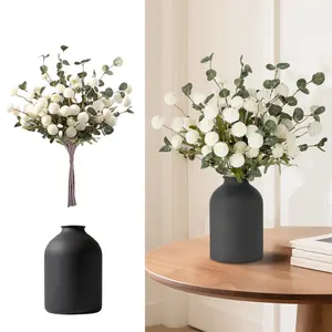 Fake Flowers in Vase for Centerpieces: Metal Vase with 12 Stems of Artificial Mums Kiku Flowers Eucalyptuses Home Table Decor - White Faux Pom Poms Floral Arrangements for Living Room