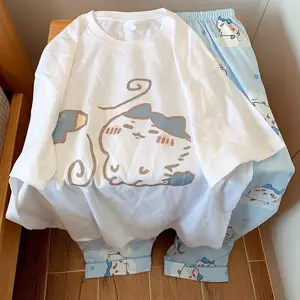Anime chiikawa boys and girls summer pajamas Usag round neck short sleeved pants pajamas Hachiware Cartoon Loose Home Clothing