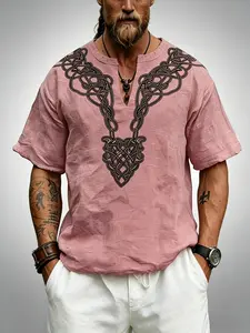 Men's Vintage Viking Graphic Print Short Sleeve Shirt, Loose Fit V Neck, Ethnic Style Casual Top, Breathable Summer T-Shirt, Casual Fashion Tee