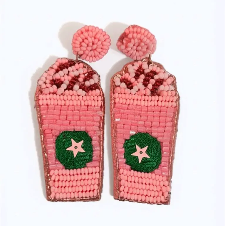 Sip Sip Hooray Pink Beaded Coffee Cup Earrings with Green Star Detail and Pink Beads on Top