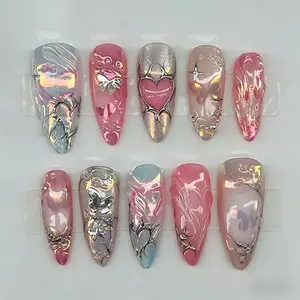 2026 Spring Summer Almond Shape Medium Nails, Glossy Finish, Glitter Nails, Reusable Press-On Nail Art, Perfect for Daily Wear, No Damage, Easy Application, Glittering Fake Nails, Almond Nail Tips