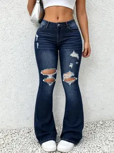 Elegant Vintage Denim Bell Bottoms, High Waist Slim Fit, Ripped Design, Elastic Pockets, Button Fly, Casual Women's Jeans Pantsbootcut jeans