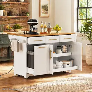 ARCH K&K 59.3" White Rolling Kitchen Island with Storage, 2 Pull-Out Cabinet Organizers, Rubber Wood Drop Leaf, Trash Can Storage, Power Outlet, Spice & Towel Racks, Kitchen Organization for Dining