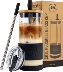 20oz Glass Tumbler – Black Cup with 2 Lids & 2 Stainless Straws for Iced Coffee, Water, Matcha, Smoothies & Boba Pandaloo