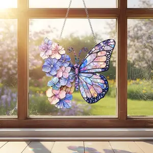 Butterfly Hydrangea Suncatcher | Stained Glass Style Window Hanging | Cute Acrylic Colorful Floral Ornament | Home Garden Decor | Birthday Gift for Mom Woman