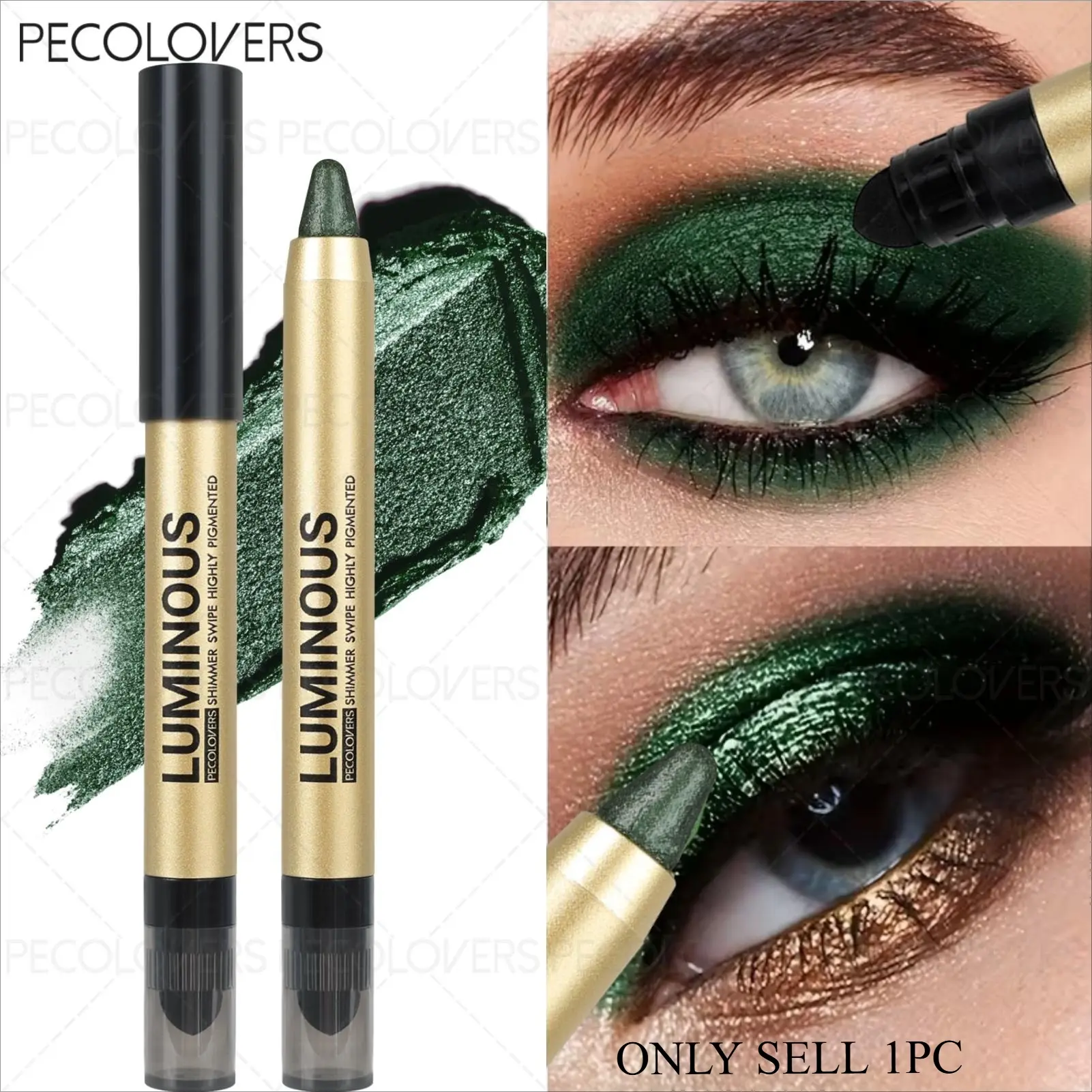 1PC Shimmering Eyeshadow - Dual-End - Pearlescent Green Eyeshadow Stick – Sparkling Single-Color Eye Accent, Eye-Catching Effect, Easy Application Metallic End Sparkly Shimmer Eyeshadow