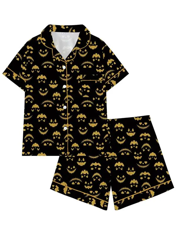 Halloween Skeleton Pajamas, Women's Spooky Graphic PJ Set, Short Sleeve Sleepwear, Gothic Summer Loungewear Outfit