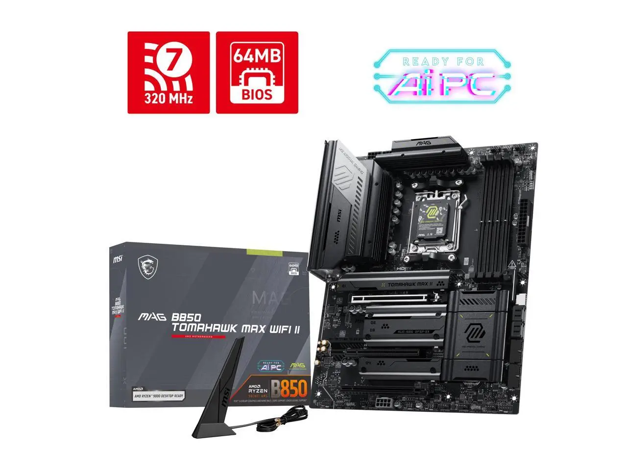 MSI MAG B850 TOMAHAWK MAX WIFI II Motherboard, ATX - Supports AMD Ryzen 9000 / 8000 / 7000 Processors, AM5 - 80A SPS VRM, DDR5 Memory Boost (up to 8400+ MT/s OC), PCIe 5.0 x16, M.2 Gen5, Wi-Fi 7, 5G LAN